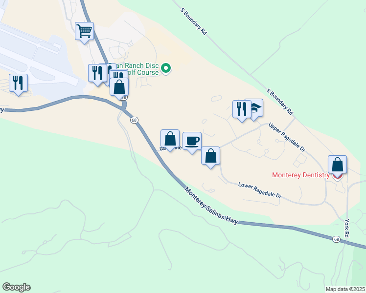 map of restaurants, bars, coffee shops, grocery stores, and more near 50 Ragsdale Drive in Monterey
