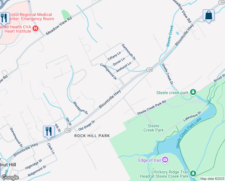 map of restaurants, bars, coffee shops, grocery stores, and more near 967 Tennessee 126 in Bristol