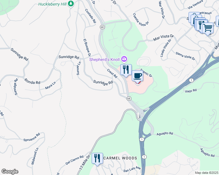 map of restaurants, bars, coffee shops, grocery stores, and more near 4168 Crest Road in Del Monte Forest