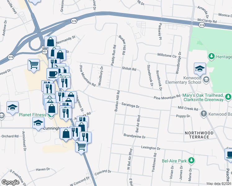 map of restaurants, bars, coffee shops, grocery stores, and more near 247 Pine Mountain Road in Clarksville
