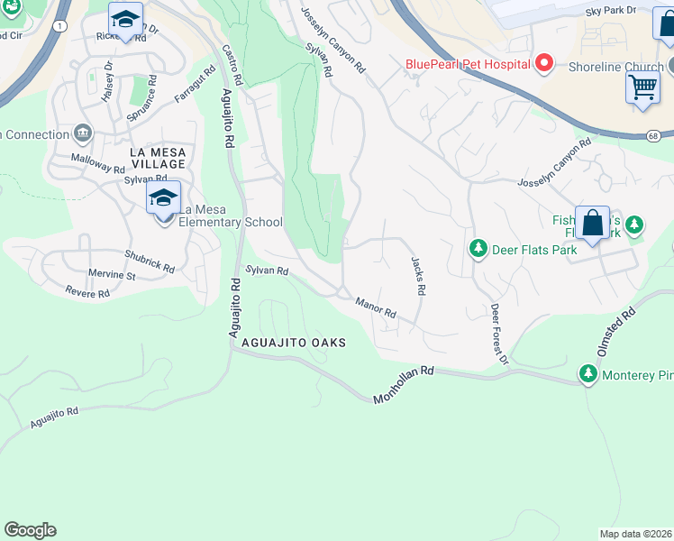 map of restaurants, bars, coffee shops, grocery stores, and more near 1400 Deer Flat Road in Monterey