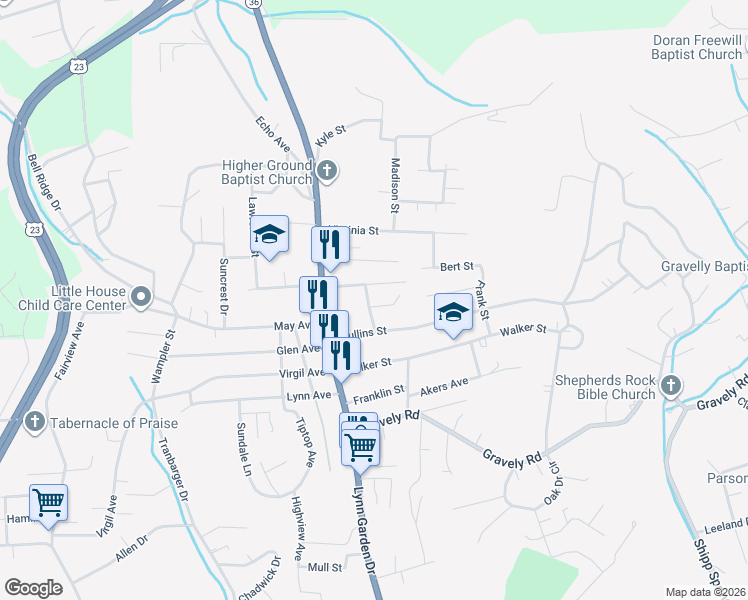 map of restaurants, bars, coffee shops, grocery stores, and more near 1432 Melvin Street in Kingsport