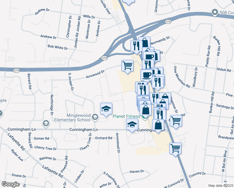 map of restaurants, bars, coffee shops, grocery stores, and more near 1650 Cunningham Lane in Clarksville