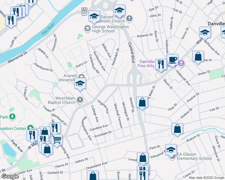 map of restaurants, bars, coffee shops, grocery stores, and more near 278 West Main Street in Danville