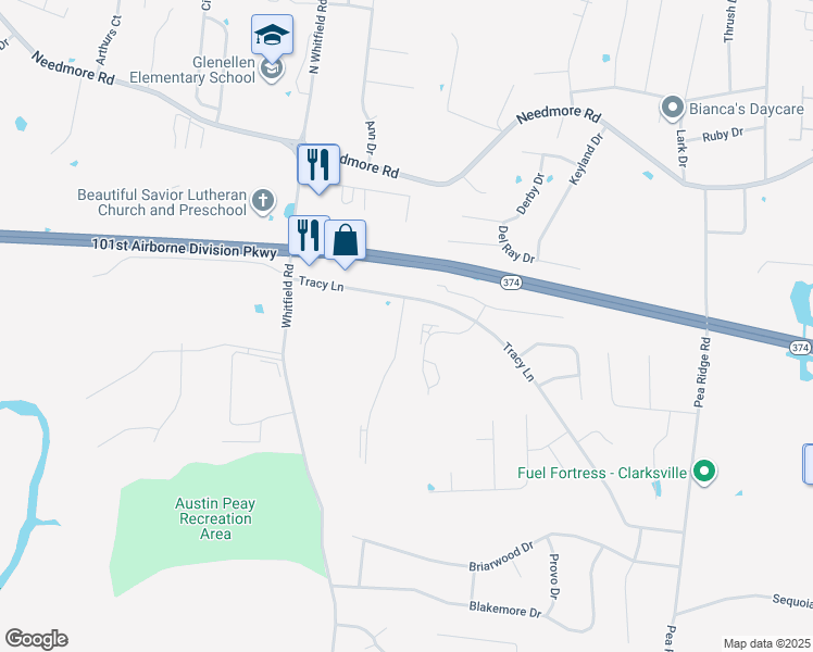 map of restaurants, bars, coffee shops, grocery stores, and more near 850 Tracy Lane in Clarksville