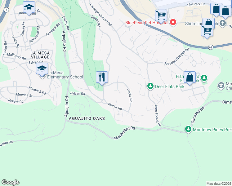map of restaurants, bars, coffee shops, grocery stores, and more near 68 Deer Flat Road in Monterey