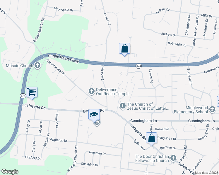 map of restaurants, bars, coffee shops, grocery stores, and more near 1655 Evans Road in Clarksville