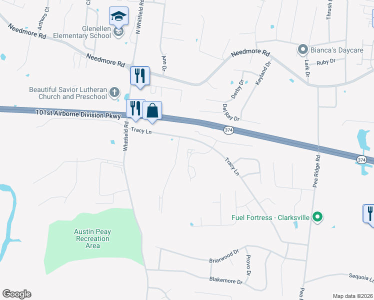 map of restaurants, bars, coffee shops, grocery stores, and more near 850 Tracy Lane in Clarksville
