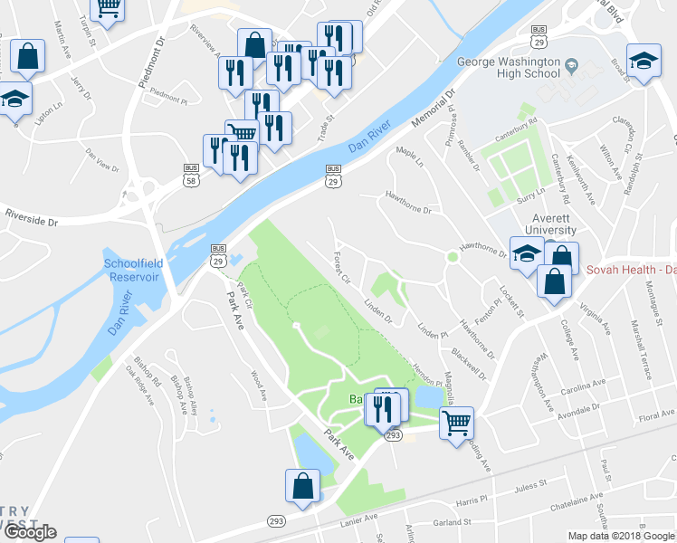 map of restaurants, bars, coffee shops, grocery stores, and more near 323 Forest Circle in Danville