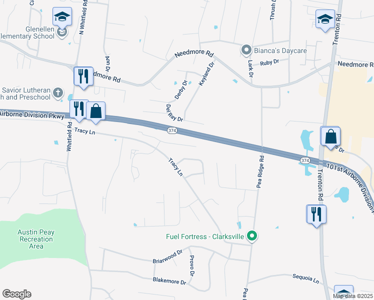 map of restaurants, bars, coffee shops, grocery stores, and more near 780 Cherrybark Lane in Clarksville