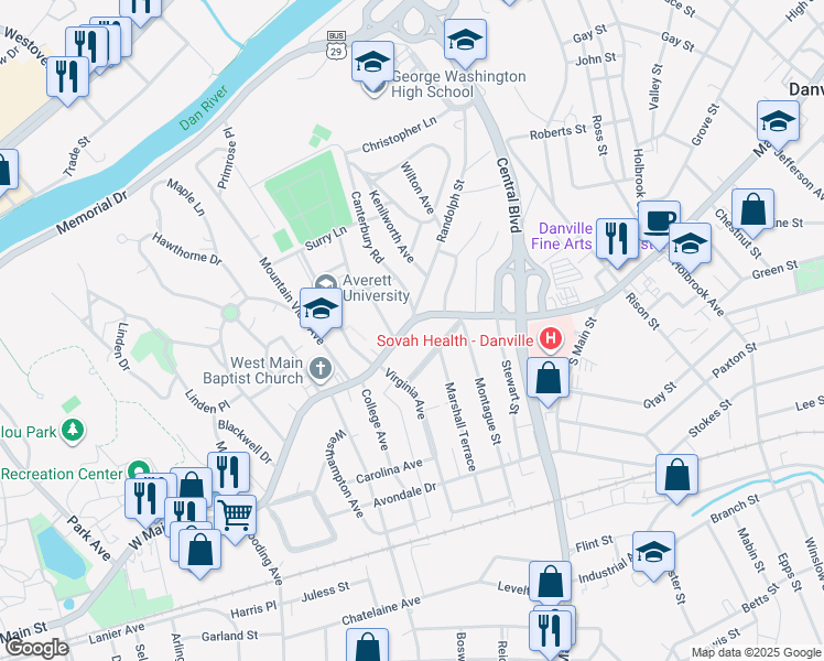 map of restaurants, bars, coffee shops, grocery stores, and more near 314 West Main Street in Danville