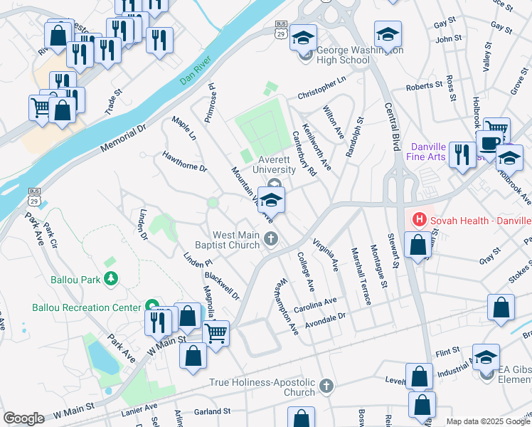 map of restaurants, bars, coffee shops, grocery stores, and more near 155 Mountain View Avenue in Danville