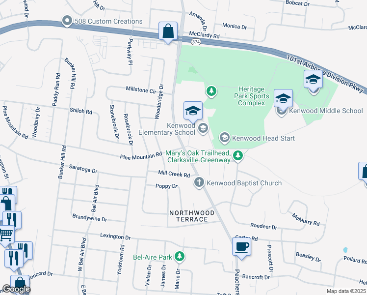 map of restaurants, bars, coffee shops, grocery stores, and more near 1101 Peachers Mill Road in Clarksville