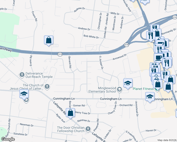 map of restaurants, bars, coffee shops, grocery stores, and more near 339 Northridge Drive in Clarksville