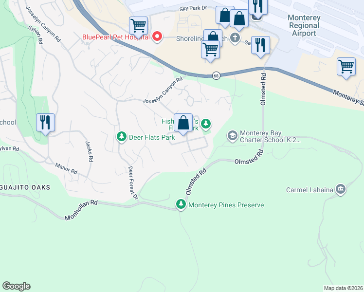 map of restaurants, bars, coffee shops, grocery stores, and more near 2074 Marsala Circle in Monterey