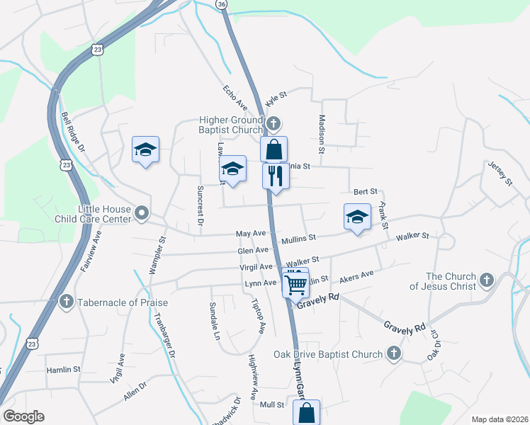 map of restaurants, bars, coffee shops, grocery stores, and more near 1501 Lynn Garden Drive in Kingsport