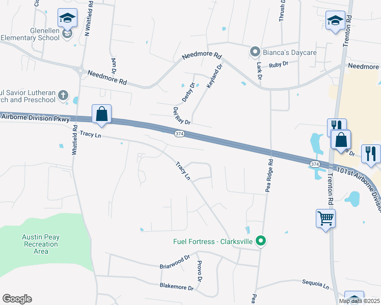 map of restaurants, bars, coffee shops, grocery stores, and more near 785 Cherrybark Lane in Clarksville