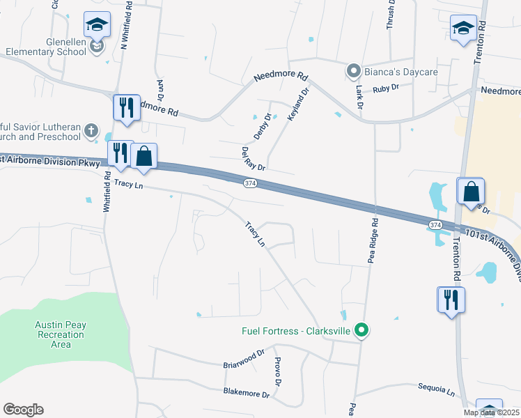 map of restaurants, bars, coffee shops, grocery stores, and more near 785 Cherrybark Lane in Clarksville