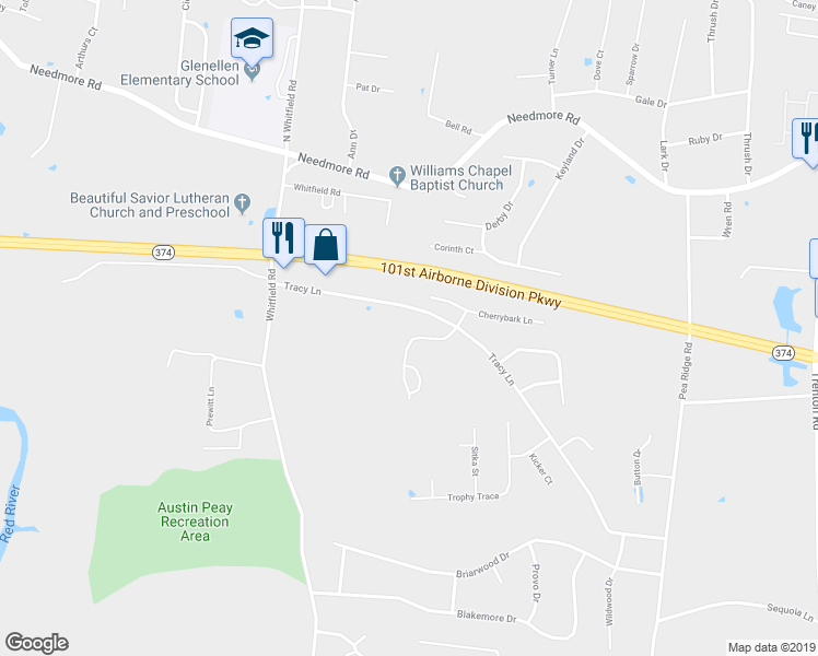 map of restaurants, bars, coffee shops, grocery stores, and more near 850 Tracy Lane in Clarksville