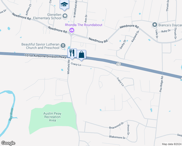 map of restaurants, bars, coffee shops, grocery stores, and more near 871 Tracy Lane in Clarksville