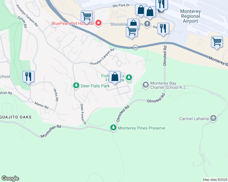 map of restaurants, bars, coffee shops, grocery stores, and more near 2074 Marsala Circle in Monterey