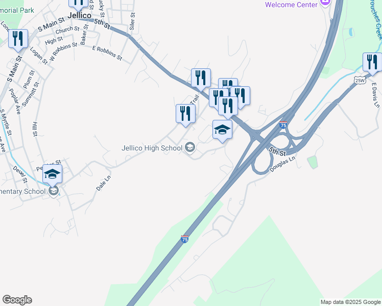 map of restaurants, bars, coffee shops, grocery stores, and more near 141 High School Lane in Jellico