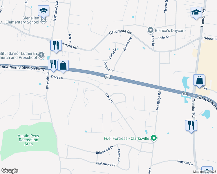 map of restaurants, bars, coffee shops, grocery stores, and more near 785 Cherrybark Lane in Clarksville