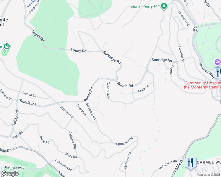 map of restaurants, bars, coffee shops, grocery stores, and more near 4020 Ronda Road in Del Monte Forest
