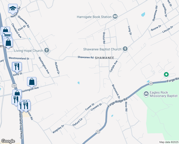 map of restaurants, bars, coffee shops, grocery stores, and more near 600 Shawanee Road in Harrogate