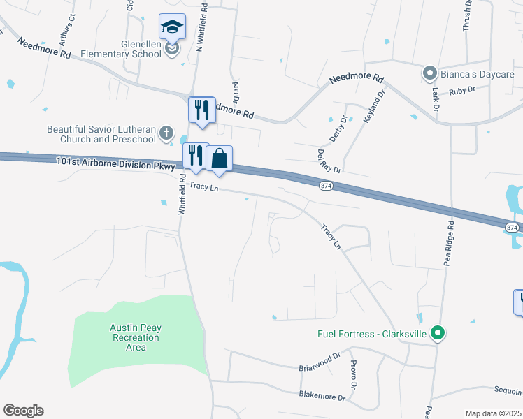 map of restaurants, bars, coffee shops, grocery stores, and more near 850 Tracy Lane in Clarksville