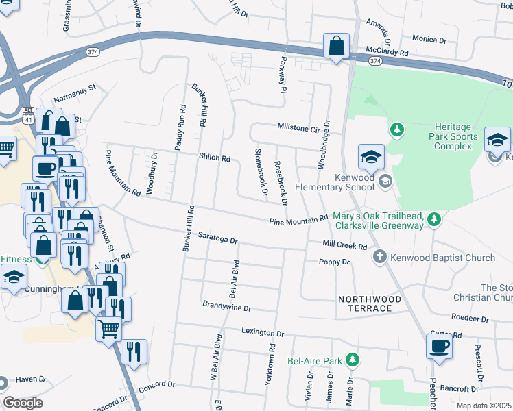 map of restaurants, bars, coffee shops, grocery stores, and more near 289 Shiloh Road in Clarksville