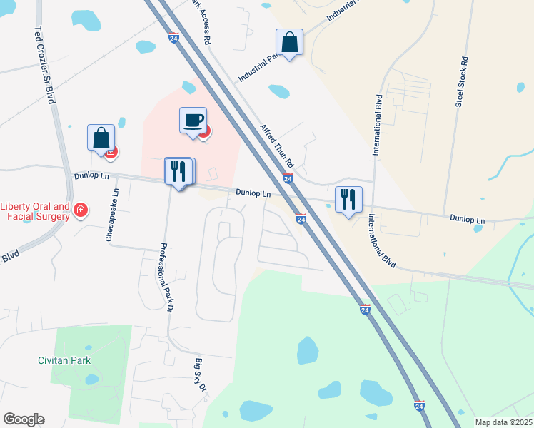 map of restaurants, bars, coffee shops, grocery stores, and more near 110 Alexander Boulevard in Clarksville
