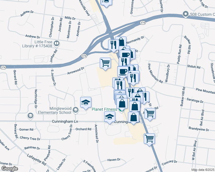 map of restaurants, bars, coffee shops, grocery stores, and more near Quin Lane in Clarksville