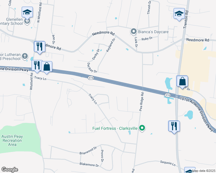 map of restaurants, bars, coffee shops, grocery stores, and more near 769 Cherrybark Lane in Clarksville