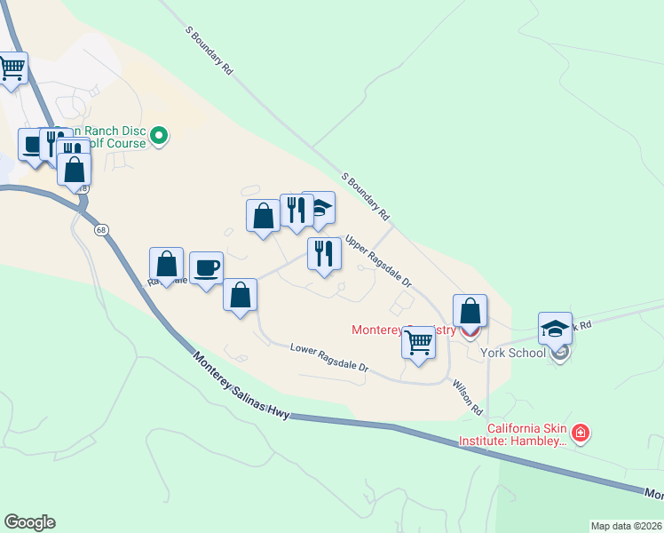 map of restaurants, bars, coffee shops, grocery stores, and more near 2 Upper Ragsdale Drive in Monterey