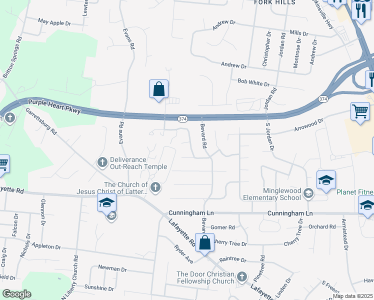 map of restaurants, bars, coffee shops, grocery stores, and more near 1702 Thistlewood Drive in Clarksville