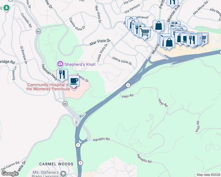 map of restaurants, bars, coffee shops, grocery stores, and more near 26 Castanada Place in Monterey