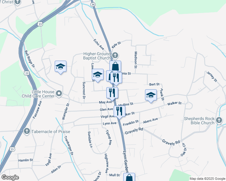 map of restaurants, bars, coffee shops, grocery stores, and more near 1501 Lynn Garden Drive in Kingsport
