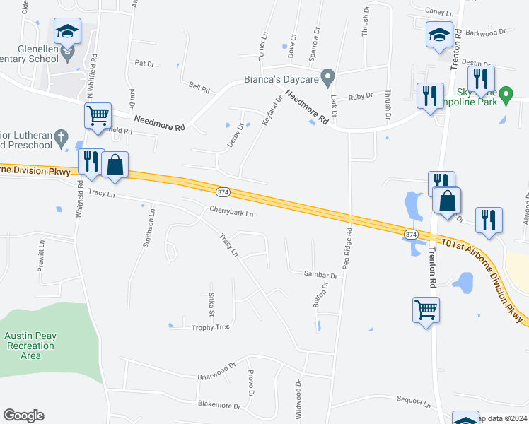 map of restaurants, bars, coffee shops, grocery stores, and more near 773 Cherrybark Lane in Clarksville
