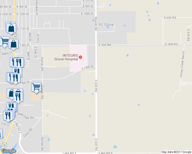 map of restaurants, bars, coffee shops, grocery stores, and more near South 630 Road in Grove