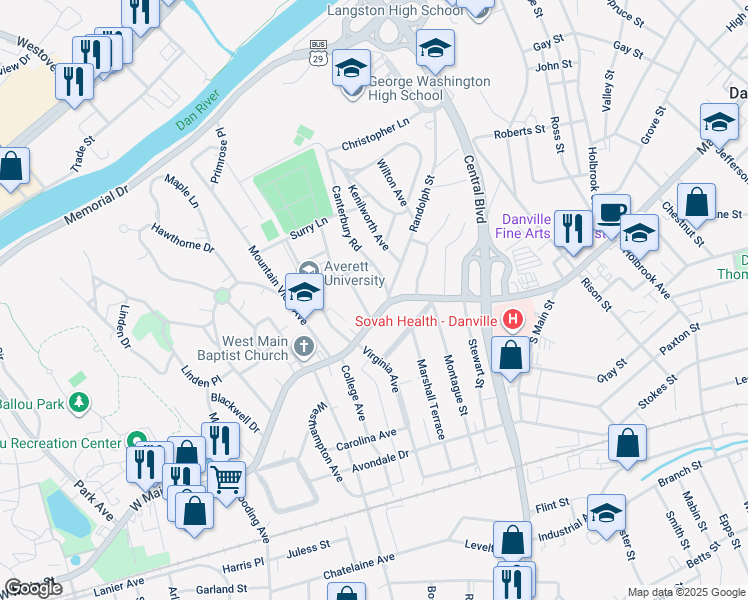 map of restaurants, bars, coffee shops, grocery stores, and more near 314 West Main Street in Danville