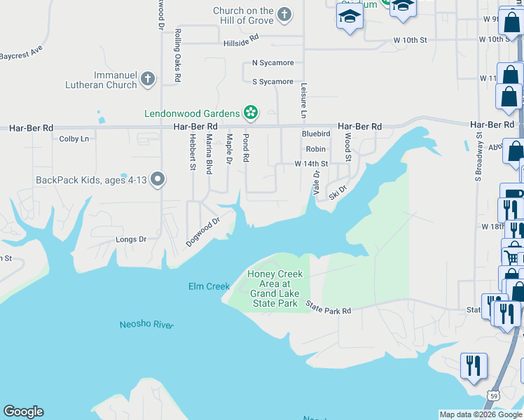 map of restaurants, bars, coffee shops, grocery stores, and more near 1116 West 17th Street in Grove