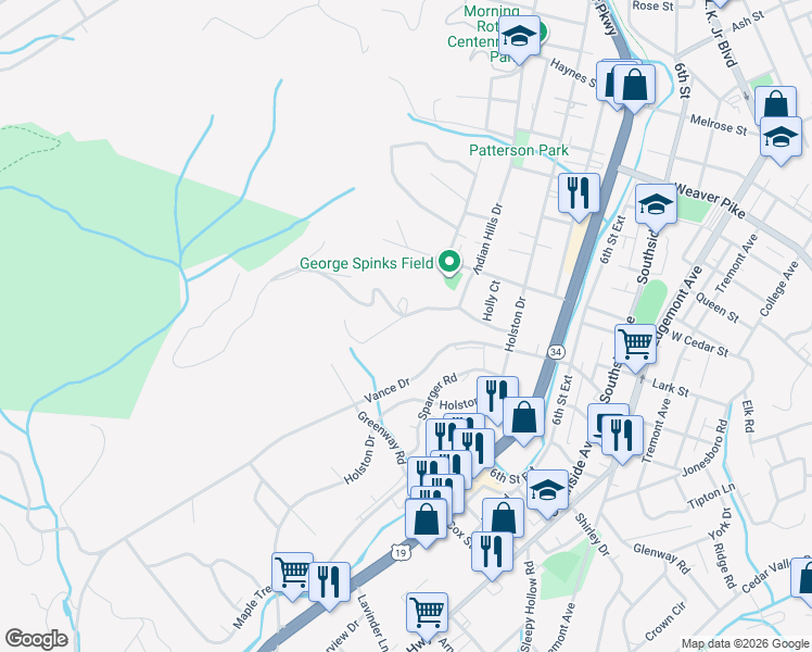 map of restaurants, bars, coffee shops, grocery stores, and more near 401 Knob Hill Drive in Bristol