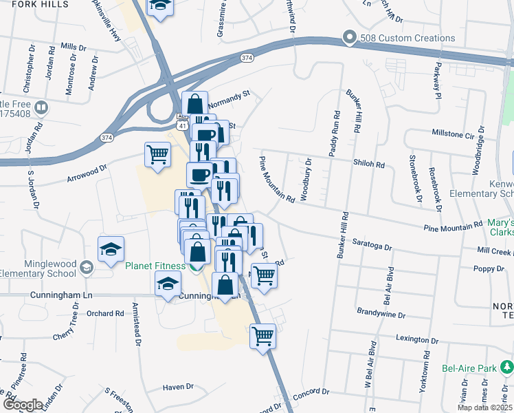 map of restaurants, bars, coffee shops, grocery stores, and more near 3 Saratoga Drive in Clarksville