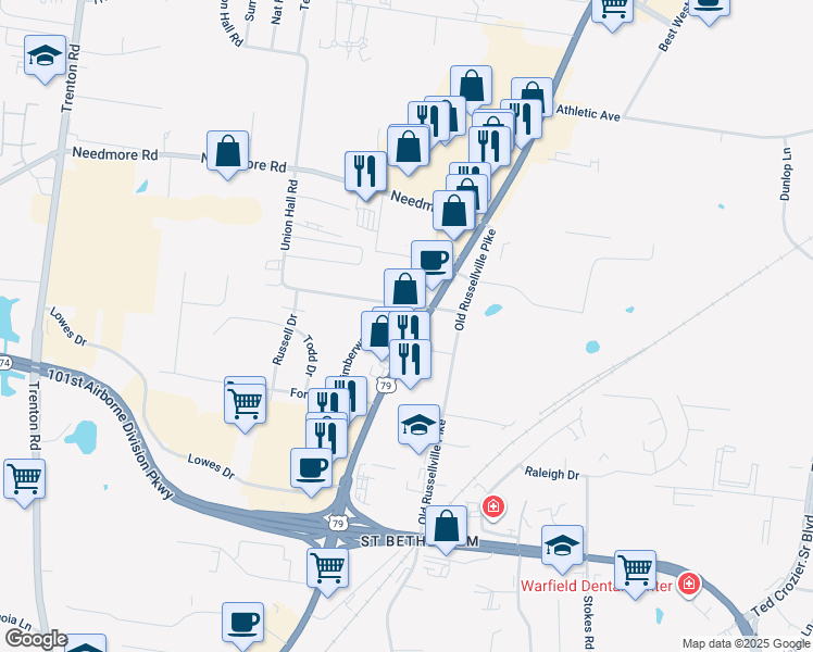 map of restaurants, bars, coffee shops, grocery stores, and more near 2560 Wilma Rudolph Boulevard in Clarksville