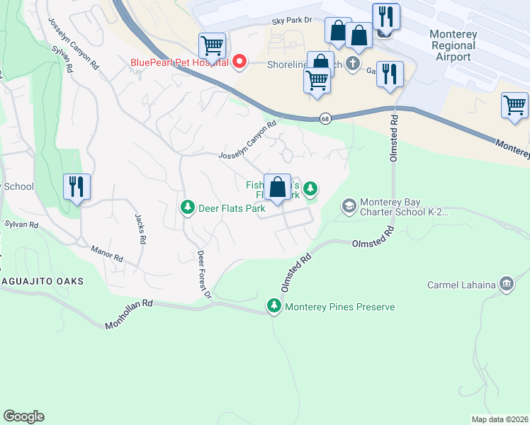 map of restaurants, bars, coffee shops, grocery stores, and more near 2061 Marsala Circle in Monterey