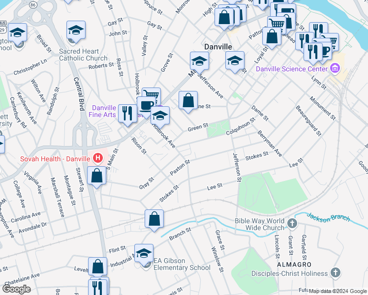 map of restaurants, bars, coffee shops, grocery stores, and more near 896 Colquhoun Street in Danville