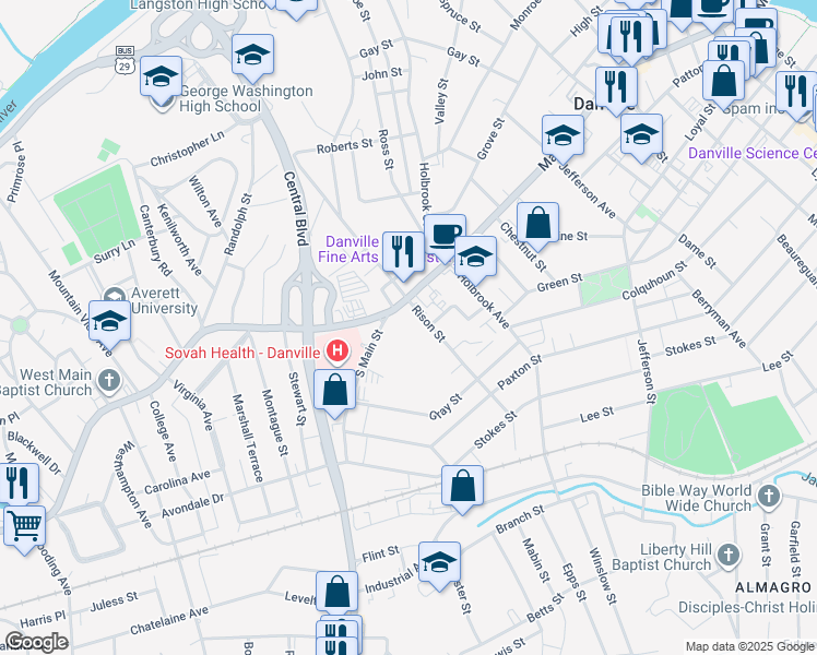 map of restaurants, bars, coffee shops, grocery stores, and more near 1111 Main Street in Danville