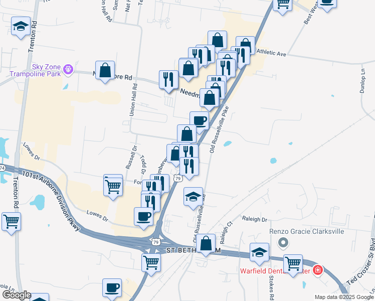 map of restaurants, bars, coffee shops, grocery stores, and more near 2560 Wilma Rudolph Boulevard in Clarksville