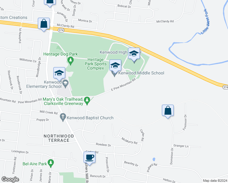map of restaurants, bars, coffee shops, grocery stores, and more near 236 East Pine Mountain Road in Clarksville